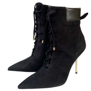 Good American "Scandal" Black Suade Lace-Up Stiletto Boots